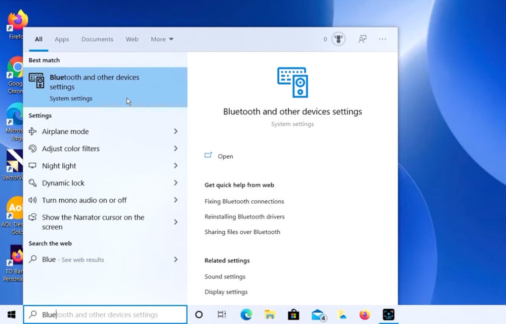 Image: Open Bluetooth and other device settings on your windows computer.
