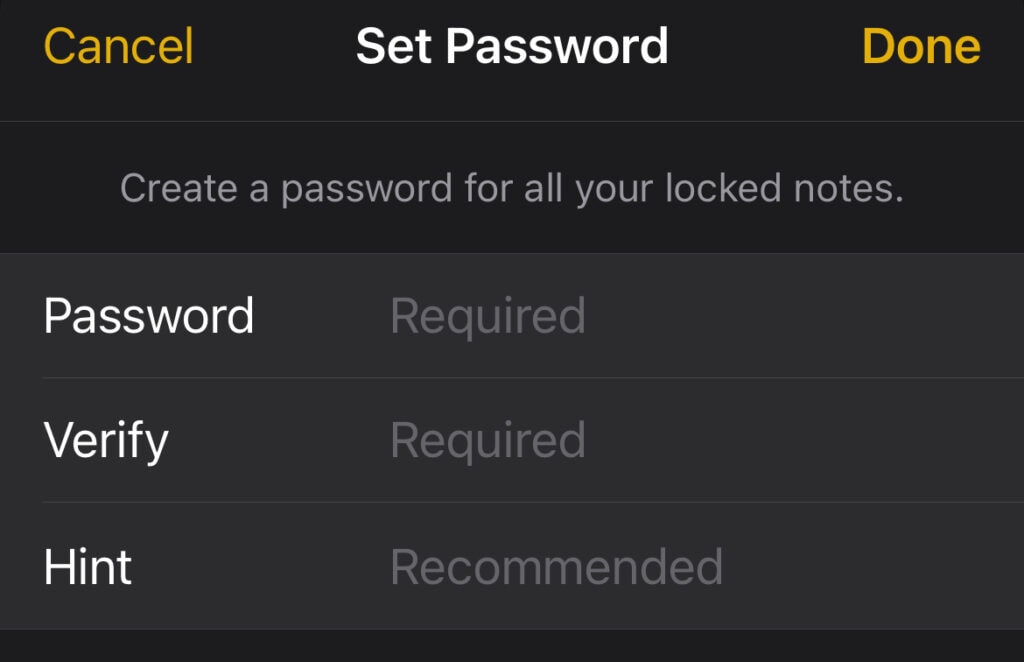 Image: Set a password for the note.