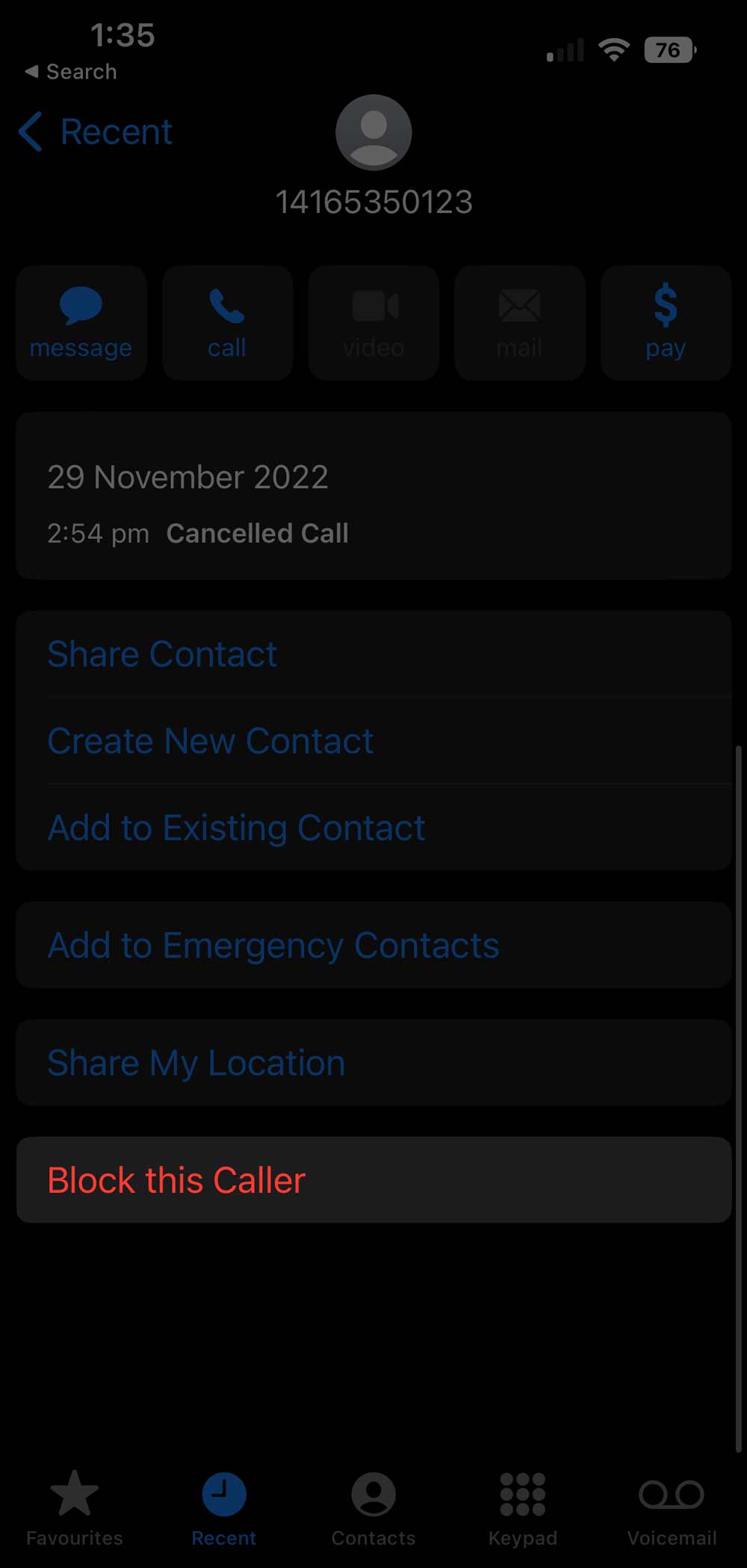 Tap on the Block this Caller option.