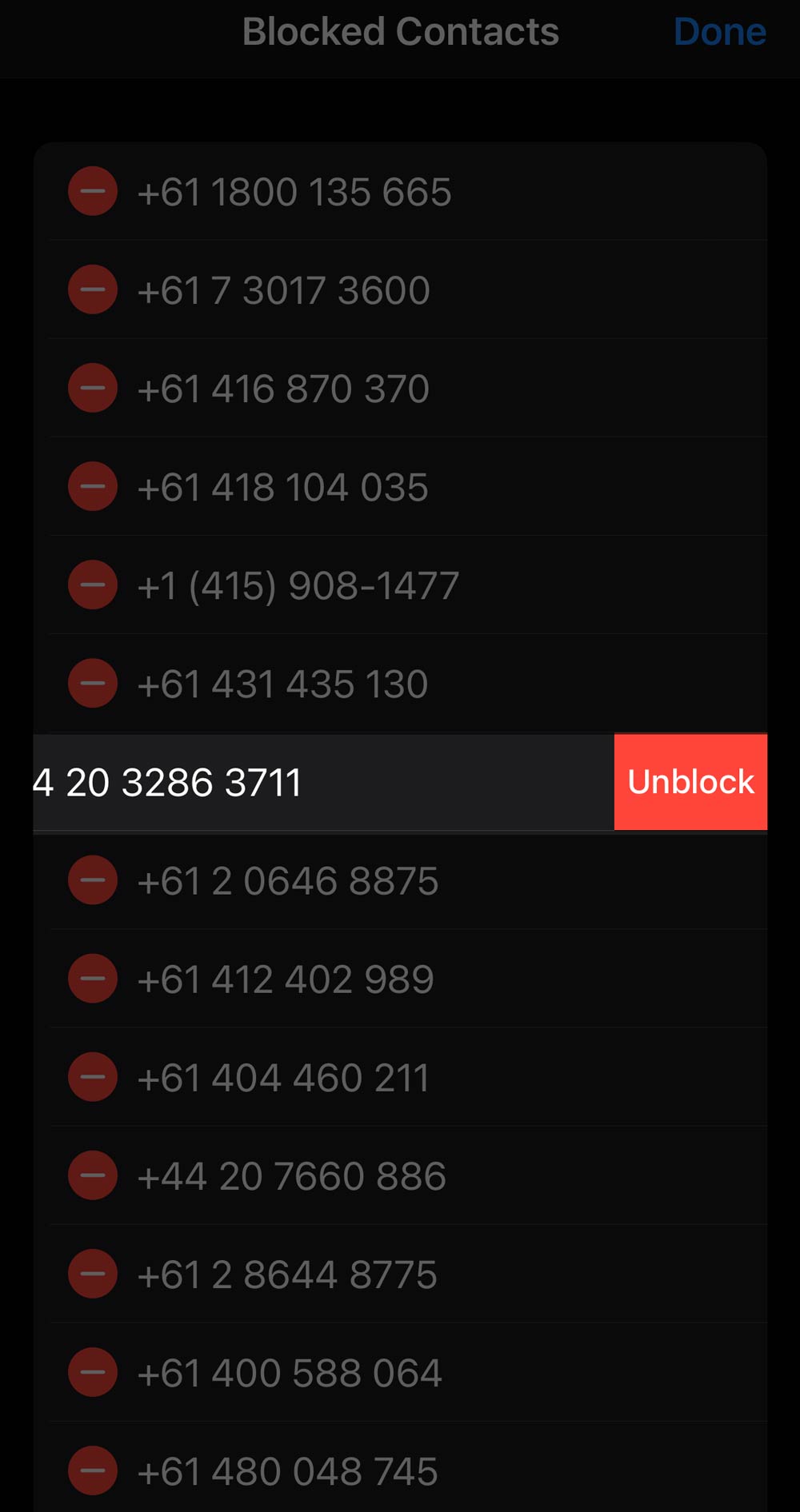 Tap the red Unblock button-to-confirm-you-want to unblock the number.