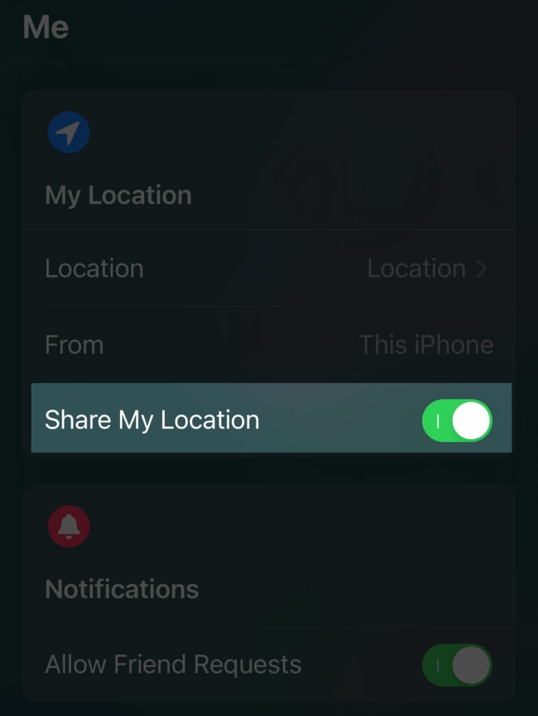 Toggle the Share My Location setting.